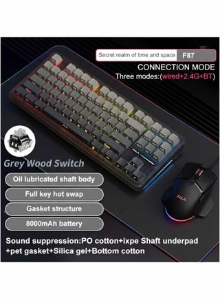 AULA F87 Mechanical Keyboard, Tri-mode Wireless Side-printed Keycaps, Bluetooth 5.0/2.4GHz/USB-C Hot-swappable, Pre-lubricated Switches, 75% TKL RGB Gaming Keyboard (Gradient Gray, Gray wood switch V4) - view 2